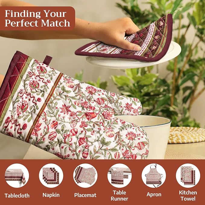 Maison d' Hermine 100% Cotton Oven Mitt & Pot Holder Set (7.5"x13" & 8"x8") | Heat Resistant BBQ Cooking Gloves with Loop Baking Kitchen Hotel Home Farmhouse Thanksgiving Christmas - Reveillon Au Jardin