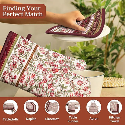 Maison d' Hermine 100% Cotton Oven Mitt & Pot Holder Set (7.5"x13" & 8"x8") | Heat Resistant BBQ Cooking Gloves with Loop Baking Kitchen Hotel Home Farmhouse Thanksgiving Christmas - Reveillon Au Jardin