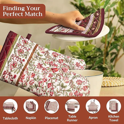Maison d' Hermine Pot Holders Set 100% Cotton Heat Resistant Potholders 8" x 8" Hot Pads with Loop for Thanksgiving Christmas Decorations Baking Handling Hot Pans (Pack of 2, Reveillon Au Jardin)
