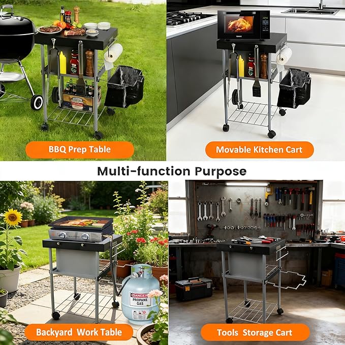 Rolling Grill Side Table Cart for 18"/22" Weber Charcoal Kettle Grills - Outdoor Prep Stand with Wheels, Mesh Storage Racks for Backyard BBQ, Camping, Parties