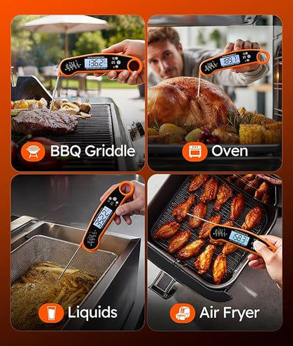 Meat Thermometer Digital – Instant Read Food Thermometer for Grilling, BBQ, Air Fryer, Smoker, Candy Making with Foldable Probe, Kitchen Gadgets, BBQ Essentials, Gift for Dad, Men, Orange