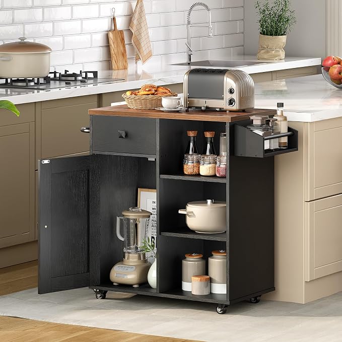 HOOBRO Kitchen Island, Storage Cabinet with Drawer, Kitchen Cart with Spice and Towel Rack, Saving Space, Easy Assembly, for Living Room, Rustic Brown and Black FB12ZD01