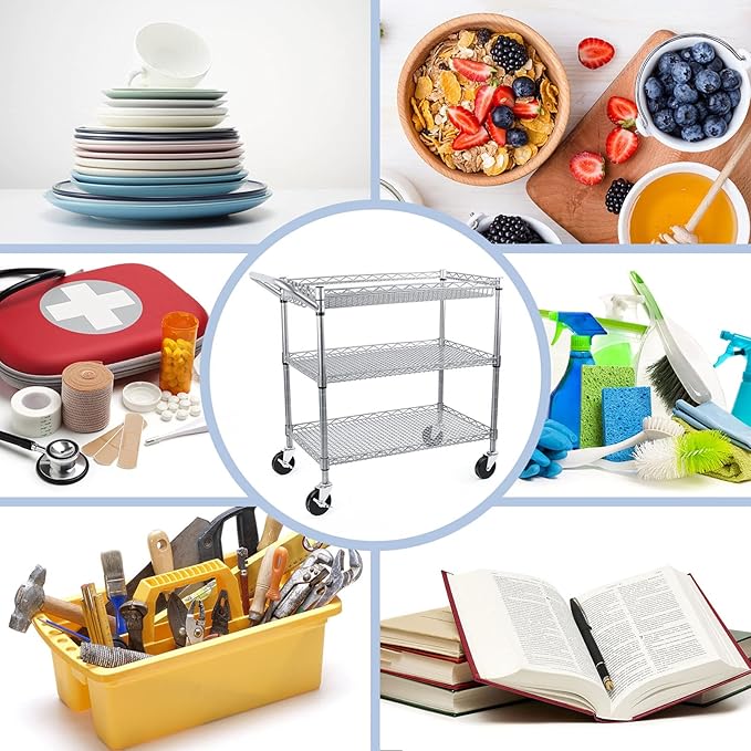 Heavy Duty 3 Tier Utility Cart,Wire Rolling Carts with Wheels, Commercial Grade Service Cart with Shelving Liners and Handle Bar Metal Carts for Kitchen Office Hardware