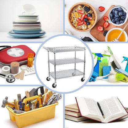 Heavy Duty 3 Tier Utility Cart,Wire Rolling Carts with Wheels, Commercial Grade Service Cart with Shelving Liners and Handle Bar Metal Carts for Kitchen Office Hardware