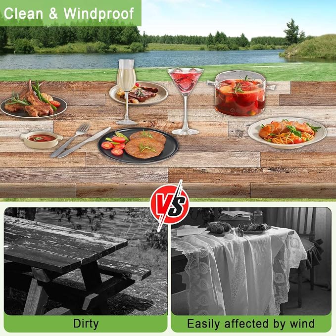 JAWO Rustic Farmhouse Country Wood Plank Picnic Table Cover with Bench Covers, Camper RV Essentials Gear Supplies Outdoor Waterproof Windproof Tablecloth with Elastic, 30X72in