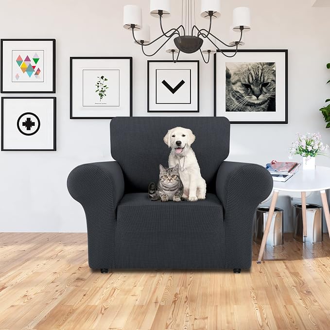 LURKA Stretch Chair Cover for Sofa, 1 Piece Armchair Slipcover, Dark Grey | Soft Stretch Jacquard, Fits 31"-55" Armchairs, Elastic Bottom for Secure Fit, Machine Washable, Pet & Kid Friendly