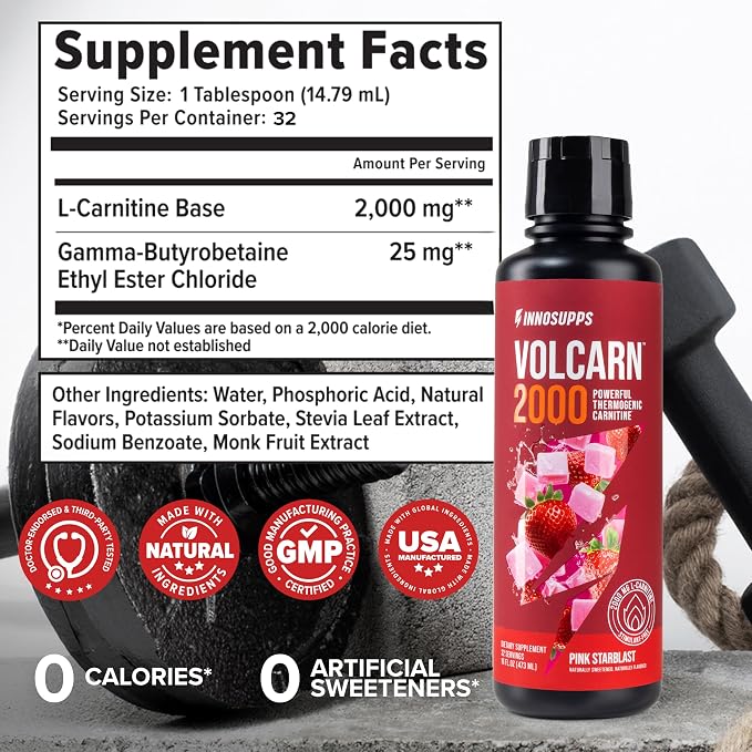 Volcarn 2000 L-Carnitine Liquid Energy, Pink Starblast, 32 Servings | Energy booster and ATP supplement with GBEEC; Enhances focus; Caffeine-free, no artificial sweeteners