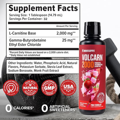 Volcarn 2000 L-Carnitine Liquid Energy, Pink Starblast, 32 Servings | Energy booster and ATP supplement with GBEEC; Enhances focus; Caffeine-free, no artificial sweeteners
