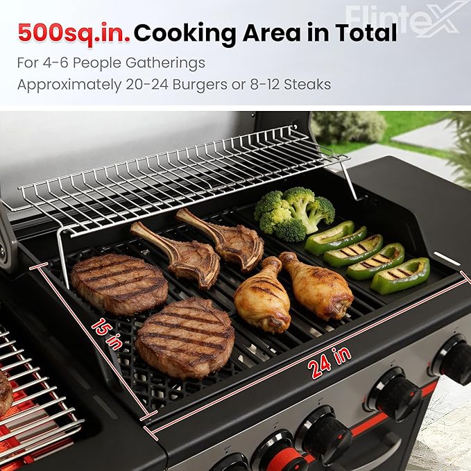 Flintex 4-Burner Propane Gas Grill with Infrared Searing Side Burner and Porcelain-Enameled Cast Iron Grates & Pan, Outdoor BBQ Grill with 46,500 BTU Output, 490 sp.in. Cooking Area, Black