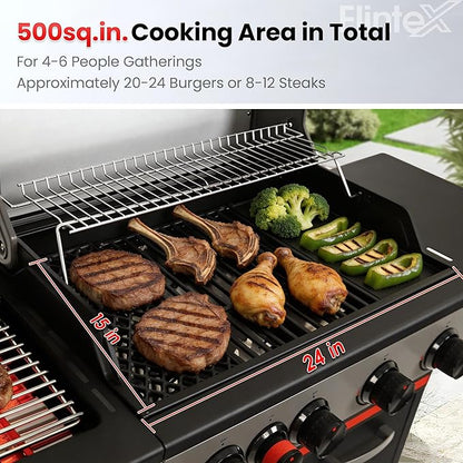 Flintex 4-Burner Propane Gas Grill with Infrared Searing Side Burner and Porcelain-Enameled Cast Iron Grates & Pan, Outdoor BBQ Grill with 46,500 BTU Output, 490 sp.in. Cooking Area, Black