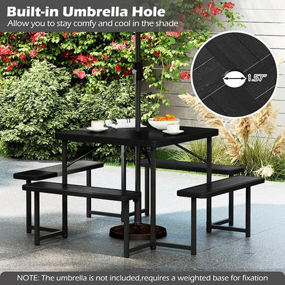 4-8 Person Picnic Table Set, Umbrella Hole, Heavy-Duty Metal Frame & 4 Benches, HDPE Square Outdoor Dinning Table & Benches for Outside, Patio, Garden, Backyard, Porch (Black)
