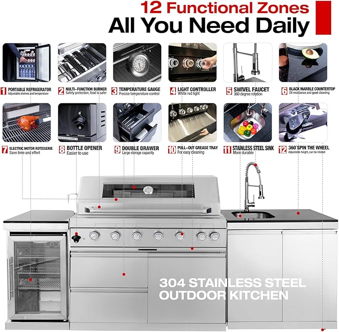 Outdoor Kitchen Island, 95.5 Inch 85000 BTU Propane Gas Grill Combination With Refrigerator and Sink, Outdoor Stainless Steel Barbecue Bar, 6 Burner Propane Grill for Patios, Gardens, Parties