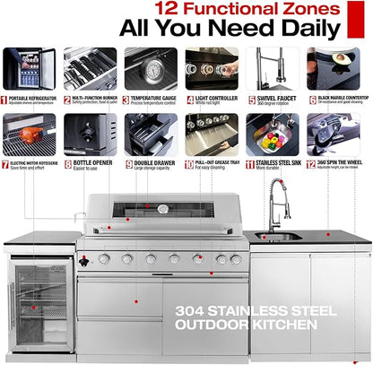 Outdoor Kitchen Island, 95.5 Inch 85000 BTU Propane Gas Grill Combination With Refrigerator and Sink, Outdoor Stainless Steel Barbecue Bar, 6 Burner Propane Grill for Patios, Gardens, Parties