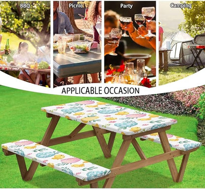 Easter Egg Chick Elastic Fitted Table Cloth for Camping Party Supplies 3 PCS Set Easter Outdoor Picnic Table Cover with Bench Covers
