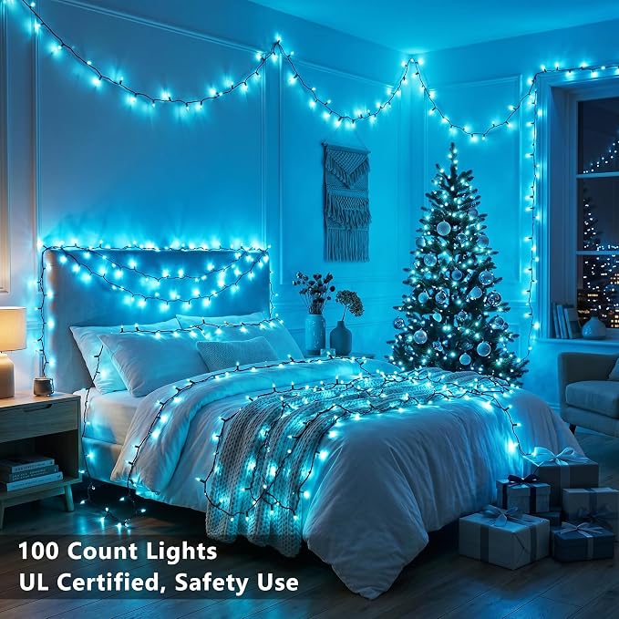 BrizLabs Teal Christmas Lights Outdoor 100 Count 19.7ft Incandescent Lights | Connectable; UL Certified; Clear Bulb Mini Christmas Lights Plugin Green Wire Indoor Outdoor Xmas Tree Holiday Party Decor