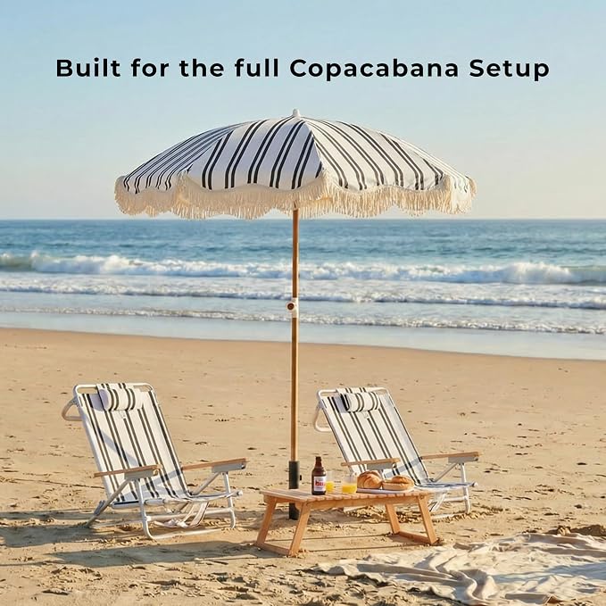 6FT Striped Fringe Beach Umbrella, Sand Anchor, UPF 50+ Sun Shade | Adjustable Tilt & Portable Design, Coastal Umbrella for Beach & Patio, Heritage Black Stripe