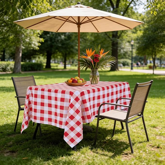 SquarePie 60x84 Inch Rectangle Outdoor Tablecloth with Umbrella HOL -Waterproof Spillproof Polyester Zipped Patio Table Cloth for Spring Summer Picnic Camping Backyard BBQs, Red Checkered