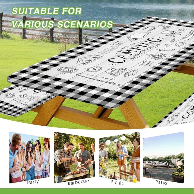 JAWO Black White Buffalo Plaid Picnic Table Cover with Bench Covers, Camper RV Essentials Gear Supplies Outdoor Waterproof Windproof Tablecloth with Elastic, 30X72in