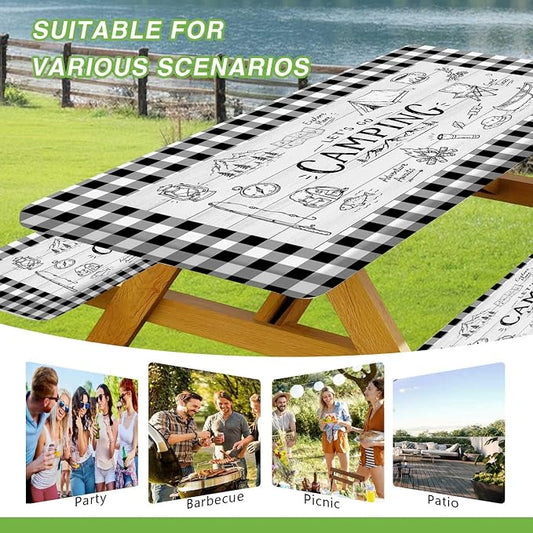 JAWO Black White Buffalo Plaid Picnic Table Cover with Bench Covers, Camper RV Essentials Gear Supplies Outdoor Waterproof Windproof Tablecloth with Elastic, 30X72in
