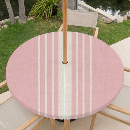 Outdoor Fitted Tablecloth with Umbrella Hole and Zipper, Pink Beige Striped Elastic Round Patio Table Cover, Farmhouse Retro Lines Modern Windproof Table Protector for Backyard BBQ Party 55''-60''