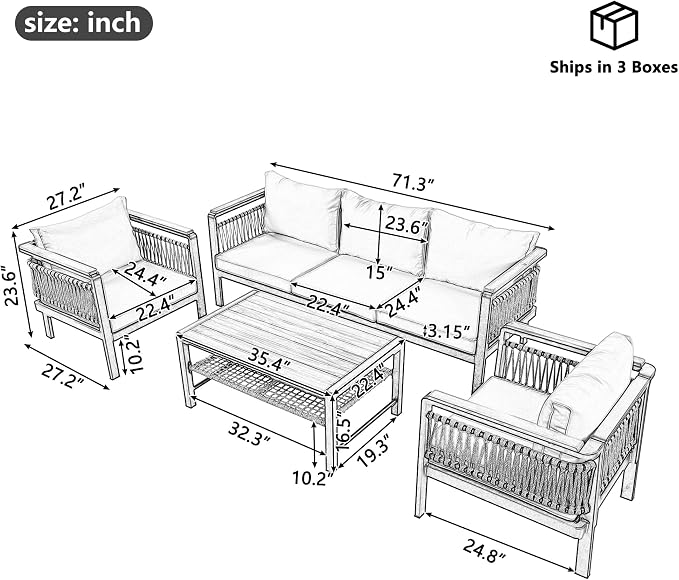VilroCaz 4 Pieces Outdoor Sectional Sofa Set, All-Weather Patio Seating Group Cnversation Set with Cushions and Coffee Table for Patios Gardens Balcony, Sturdy Steel Frame (Beige+Metal & Wood)