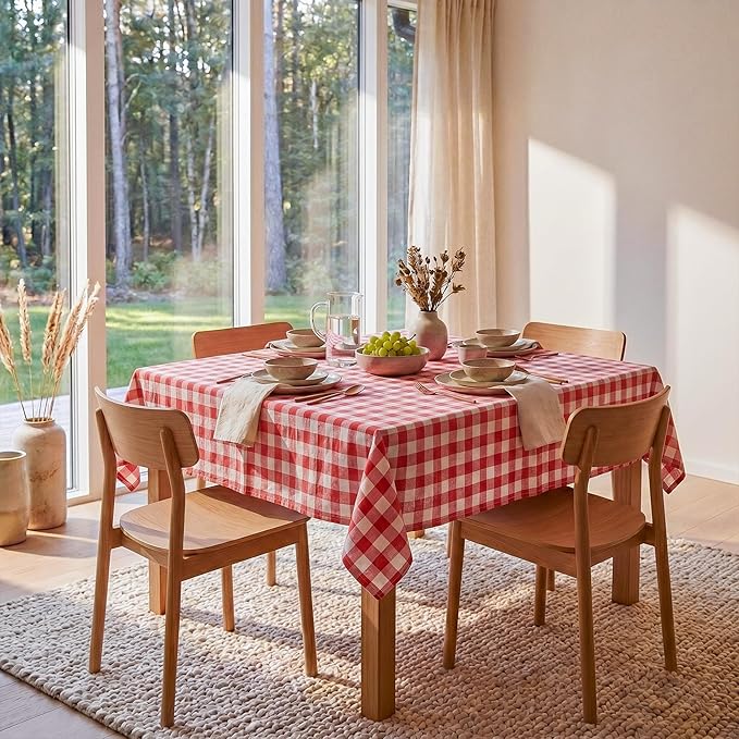Red and White Gingham Tablecloth, Waterproof Outdoor Picnic Table Cover for Summer BBQ, Farmhouse Kitchen, Patio Dining, Reusable Machine Washable Checkered Table Cloth, W60 x L102 in