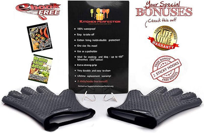 KITCHEN PERFECTION XL Silicone Smoker Oven Gloves-Extreme Heat Resistant BBQ Gloves-Handle Hot Food Right on Your Grill Fryer&Pit|Waterproof Grilling Cooking Baking Mitts|Superior Value Set+3 Bonuses