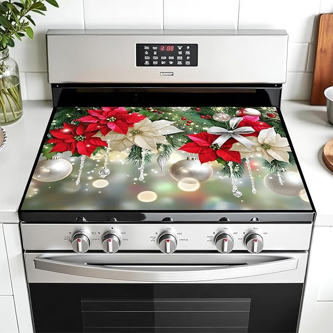 Christmas Multi-Design Stove Cover for Glass/Electric Stoves - 3-in-1 Heat-Resistant Protector Mat, Non-Slip Drying Rack 28"x20"