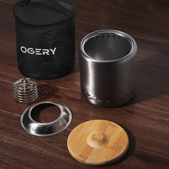 OGERY Stove Tabletop Fire Pit with Stand 7.9 x 6.1 in, Smokeless Firepit Camping Outdoor Table Top Firepit for Urban & Suburbs with Portable Travel Bag, Fueled by Pellets or Wood, Stainless Steel