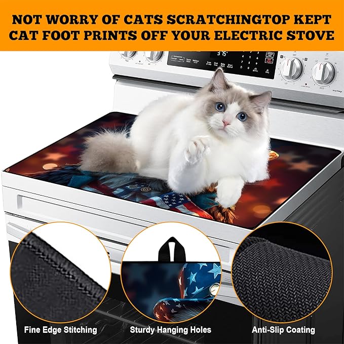 Multi-Design Stove Cover for Glass/Electric Stoves - 3-in-1 Heat-Resistant Protector Mat, Non-Slip Drying Rack 28"x20" (Independence Day - Eagle)