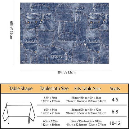 TKS MITLAN Denim-Style Indigo Rectangle Tablecloth - 60x84 Inch (6-8 Seats) Polyester Decorative Cover for Dining, BBQ, Picnic, Coffee Table Retro Denim Pocket Print, Non-Denims Material
