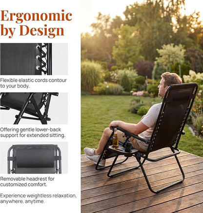 Adjustable Folding Lounge Chair, Portable Camping Chair for Adults with Headrest, Reclining Outdoor Chair with Removable Tray, Foldable Low Beach Chair for Camping, Picnic, Travel, Black