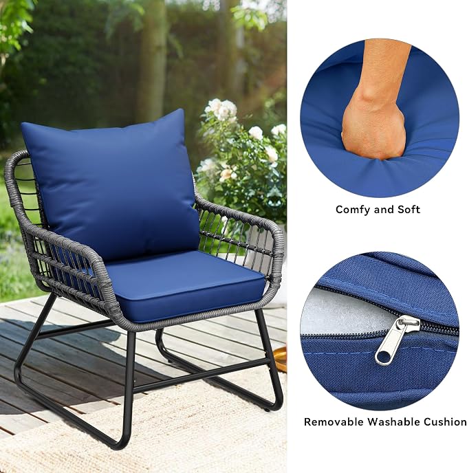 YITAHOME 4-Piece Patio Furniture Set, Wicker Outdoor Bistro Set, All Weather Rattan Patio Conversation Set with Soft Cushions and Glass Side Table for Backyard, Balcony, Deck - Navy Blue