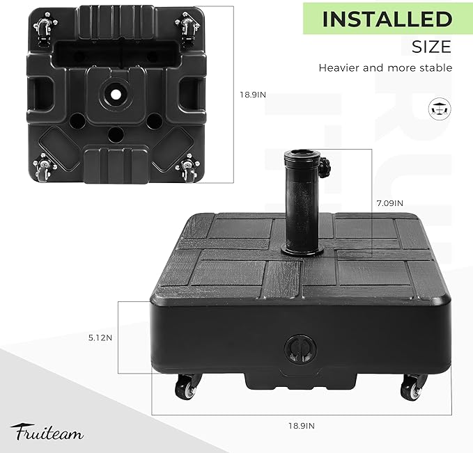 FRUITEAM Umbrella Base with Wheels, 100 LBS Heavy Duty Patio Umbrella Stand, Fillable Weighted Umbrella Base Holder for Patio, Deck, Poolside, Rust-Resistant and Windproof Design - Black