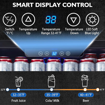 Kalamera 24 inch Stainless Steel Beverage Refrigerator, Outdoor Mini Fridge | Under Counter Beverage Cooler for 154 Cans with 32-41℉ Temperature Range - Soda, Beer Refrigerator with Soild Stainless Door