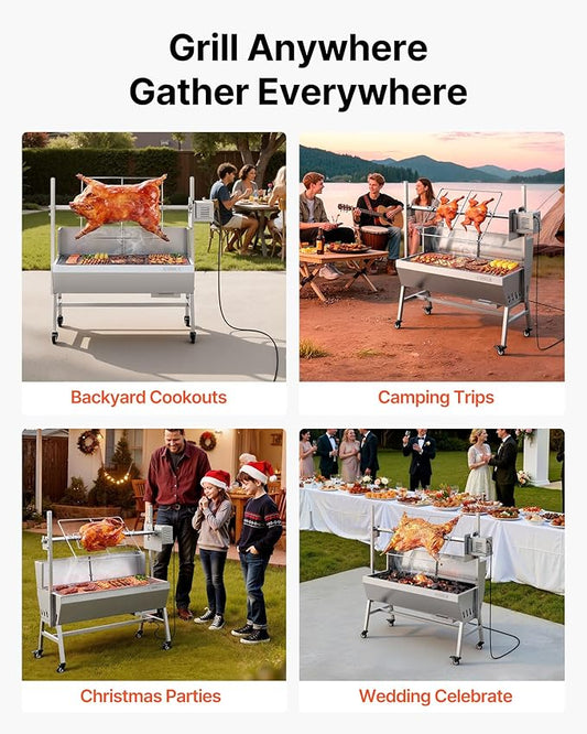 VEVOR Rotisserie Grill, 38W Stainless Steel BBQ Outdoor Pig & Lamb Spit Roaster, 132 LBS Load Capacity Charcoal Spit Roaster with 7-Level Height, Electric Rotisserie Grill Kit for Camping Outdoor