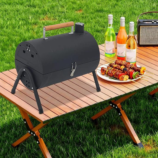 Portable Charcoal Grill,17 In Tabletop Charcoal Grill With 2 Baking Nets + Wooden Handle, Double-Sided Grilling, Bbq Charcoal Grills For Outdoor Cooking Camping, Picnics, Backyard. (Black)