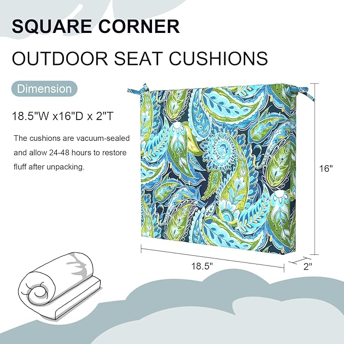 DYTXIII Set of 4 Outdoor Chair Cushions, Water Resistant 18.5"x16"x2" Square Seat Cushion for Patio Dining Chairs, High-Density Replacement Pads for Indoor Outdoor Furniture - Paisley Lapis Green