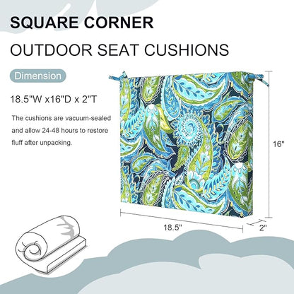 DYTXIII Set of 2 Outdoor Chair Cushions, Water Resistant 18.5"x16"x2" Square Seat Cushion for Patio Dining Chairs, High-Density Replacement Pads for Indoor Outdoor Furniture - Paisley Lapis Green