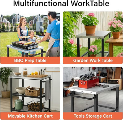 NUUK Rolling Outdoor Grill Cart with Wheel 16" x 24", Stainless Steel Table Top Pizza Oven Stand, BBQ Size Prep Table Outside Kitchen Cabinet for Garden Backyard Barbecue