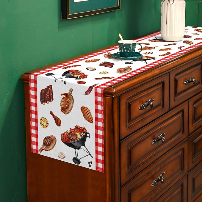 BBQ Party Table Runner Summer Barbecue Birthday Baby Shower Decoration Red and White Checkered Picnic Dining Room Home Kitchen Table Decor
