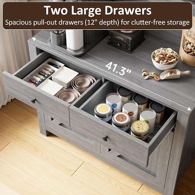 IDEALHOUSE 63" Kitchen Pantry Cabinet with Drawers, Hutch Cabinet with Storage, Microwave Stand, Adjustable Shelves, Freestanding Tall Pantry Storage for Dining Room, Living Room, Grey