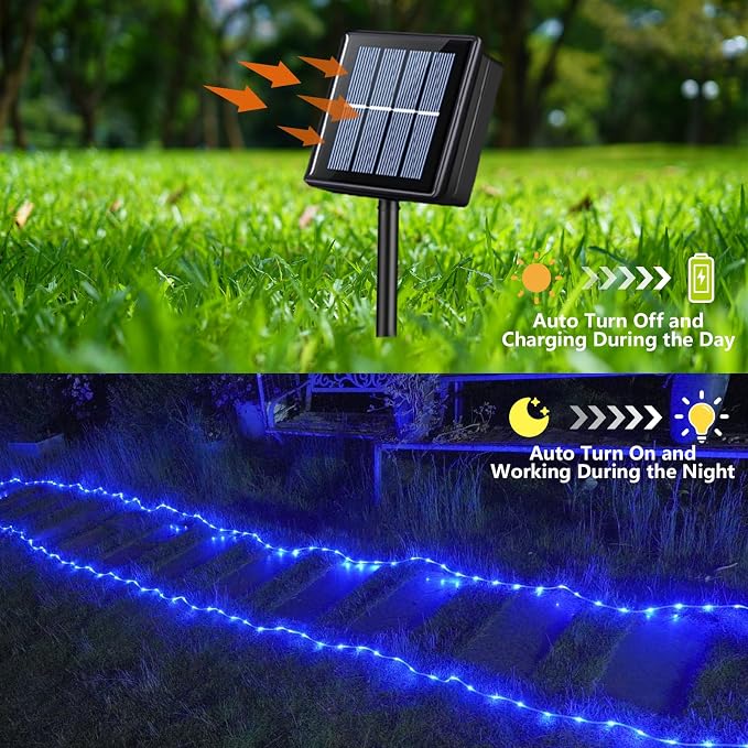 YEGUO Solar Rope Lights Outdoor Waterproof, 66ft 200 LED Blue String Lights, 8 Modes Fairy Lights in Clear Thin Tube