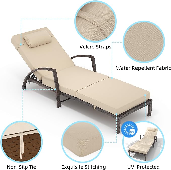 GarveeLife 2-Piece Rattan Patio Folding Chaise Lounge, 5-Position Adjustable Backrest Outdoor Lounge Chair with Cushion and Pillow for Poolside, Backyard, Deck, Porch, Beige