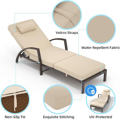 GarveeLife 2-Piece Rattan Patio Folding Chaise Lounge, 5-Position Adjustable Backrest Outdoor Lounge Chair with Cushion and Pillow for Poolside, Backyard, Deck, Porch, Beige