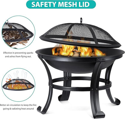22 Inches Portable Fire Pit Outdoor Wood Burning Steel Lightweight BBQ Grill Firepit Bowl with Log Grate&Poker for Outside Patio Campfire Bonfire Backyard