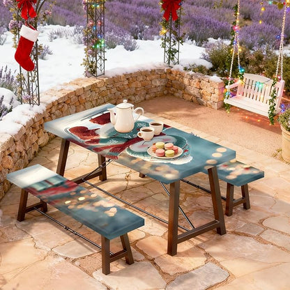 Christmas Picnic Table Cover with Bench Cover, Outdoor Picnic Table Elastic Tablecloth, Snowman Design with Lights, Camping, Barbecue and Holiday party Tablecloth
