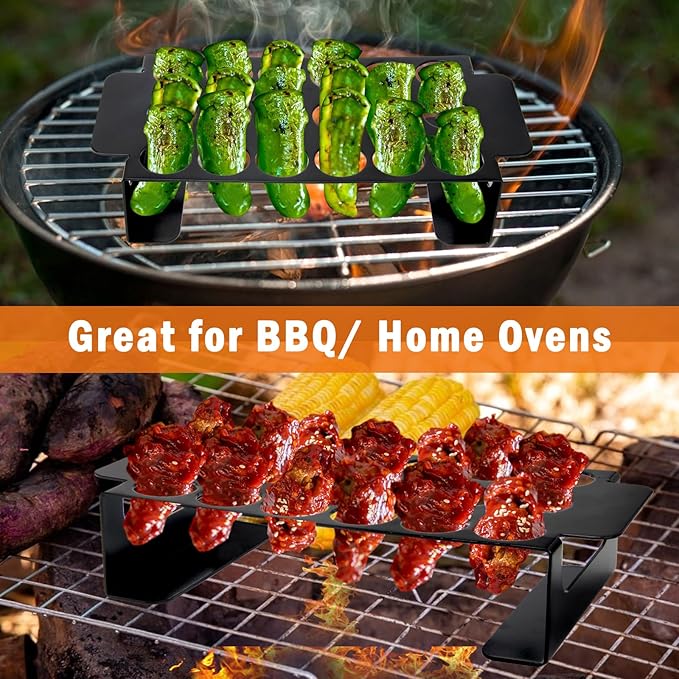 18 Hole Black Jalapeno Grill Rack for Chili, Stainless Steel Barbecue Chili Peppers Grill Rack with Handle, Jalapeno Popper Stand for BBQ Smoker or Oven (Black)