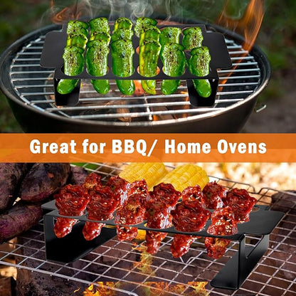 18 Hole Black Jalapeno Grill Rack for Chili, Stainless Steel Barbecue Chili Peppers Grill Rack with Handle, Jalapeno Popper Stand for BBQ Smoker or Oven (Black)