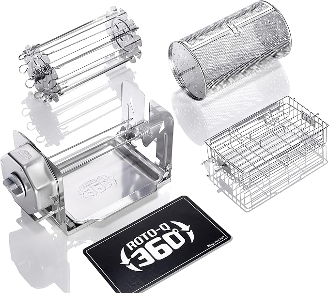 ROTO-Q 360 Family Rotisserie Kit – Non-Electric Wind-Up Spit Roaster with Tumble Basket, Flat Cage, Skewer Set & Mat for Grill, Oven, Smoker, Portable BBQ Cooking, Tailgating, or Camping Use